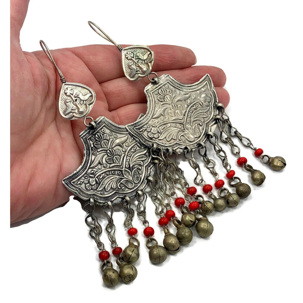 Afghan Earrings, Dangles, Birds, Red, Vintage, Silver, 5" Long, Middle Eastern